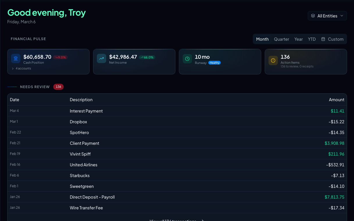 Vaulted OS financial dashboard with cash position, net income, runway, action items, and transactions needing review.