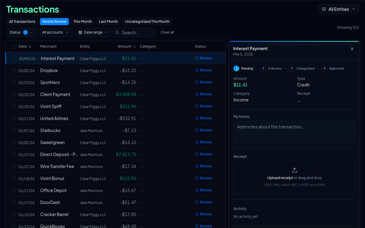 Vaulted OS transaction review screen with a selected transaction, review stages, notes, and receipt upload.