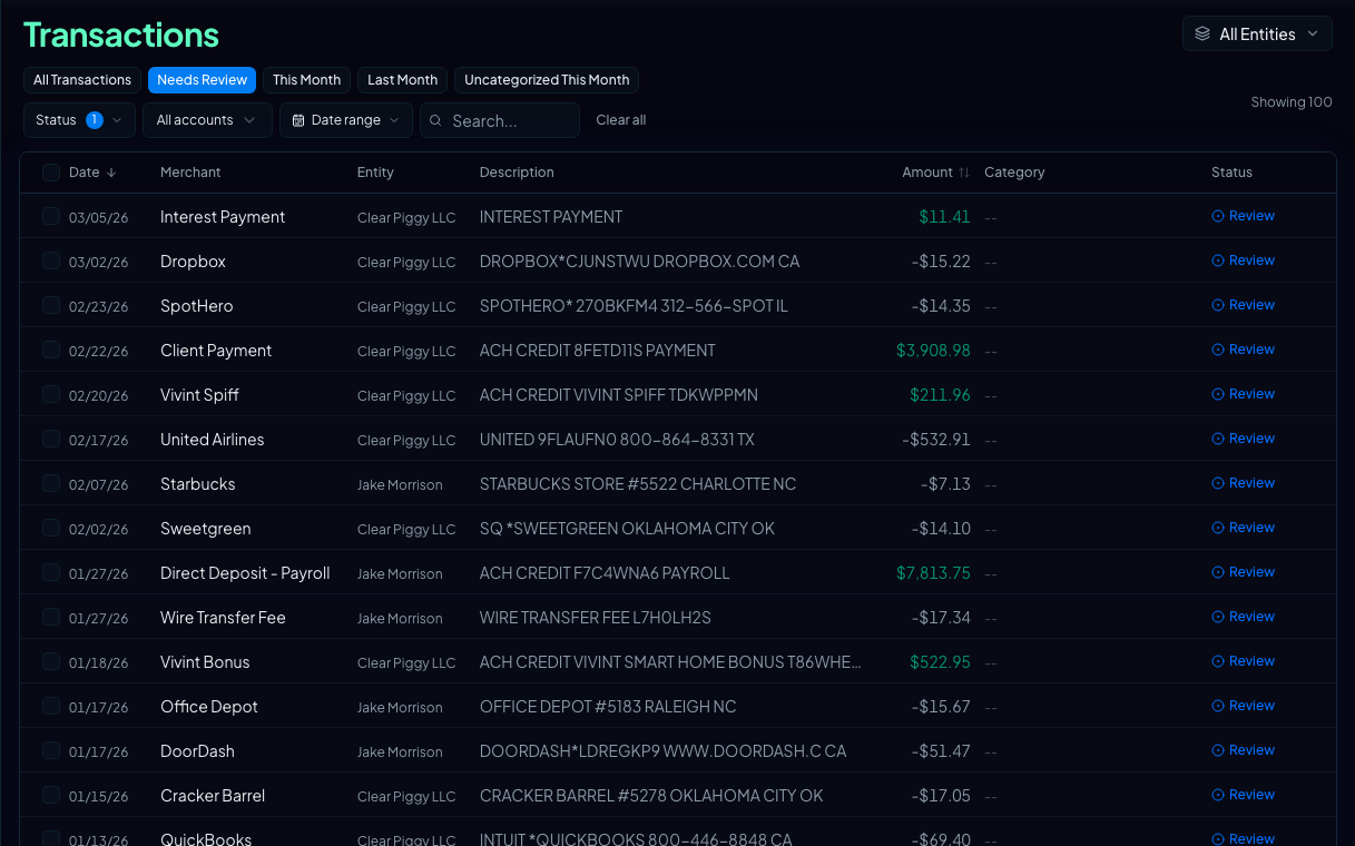 Vaulted OS transactions table with entity filters, review status, categories, and transaction descriptions.